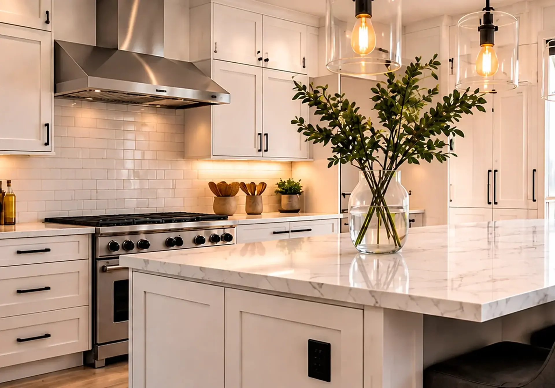 Kitchen remodeling by ARD Remodeling in Los Angeles: white shaker cabinets, marble island and glass pendant lights
