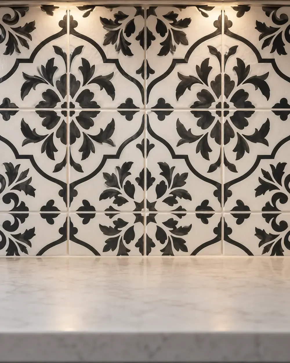 Backsplash installation in Los Angeles: black and white patterned tile above a marble countertop with under-cabinet lighting