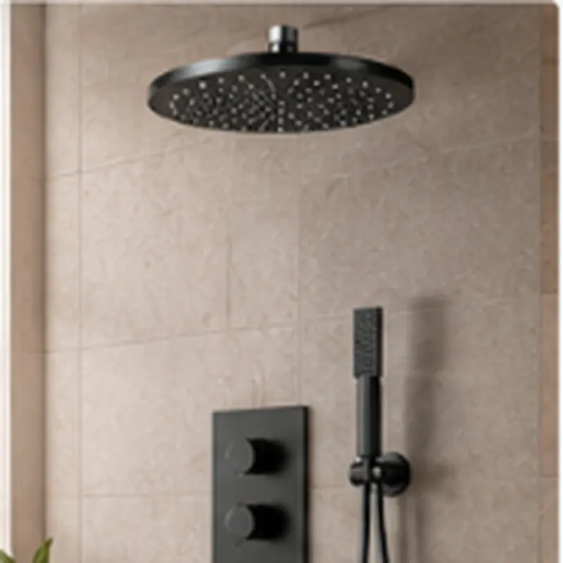 Concealed in-wall shower valve with a large round rain showerhead and a hand shower