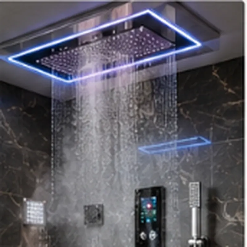 Smart spa shower system with a glowing LED rain panel, body jets and a digital touch control