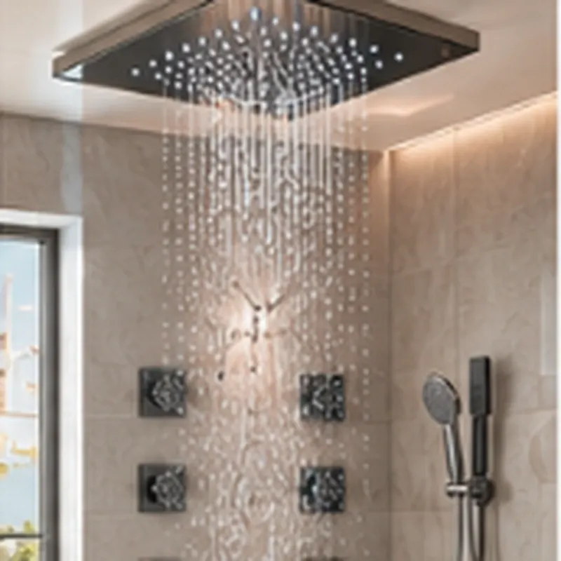 Spa shower system with a large square rain showerhead and six body massage jets in brushed nickel