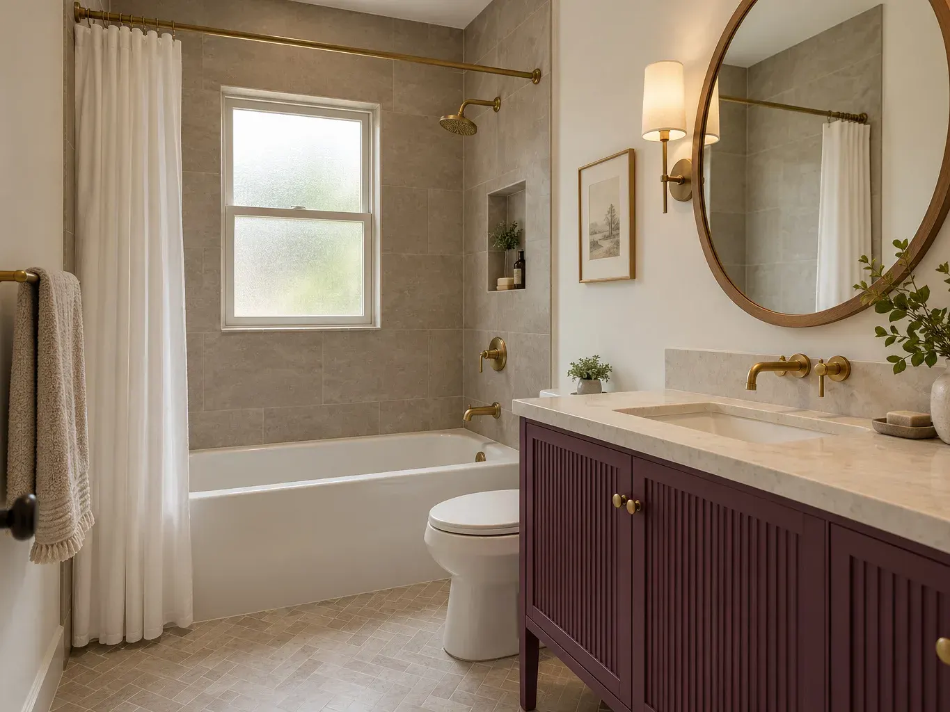 Remodeled bathroom with a tub-shower combination, mushroom-taupe wall tile and a fluted vanity painted dusty plum in a Southern California home