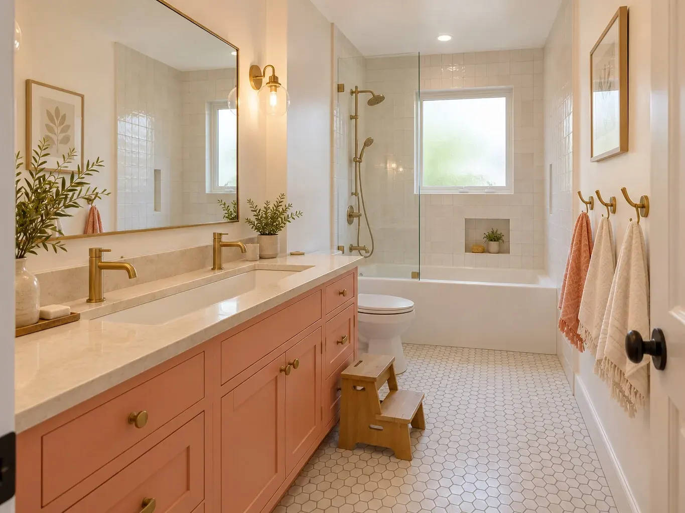 Remodeled bathroom with a long trough sink on a coral-peach vanity, a wooden step stool and an alcove tub with a glass screen in Southern California