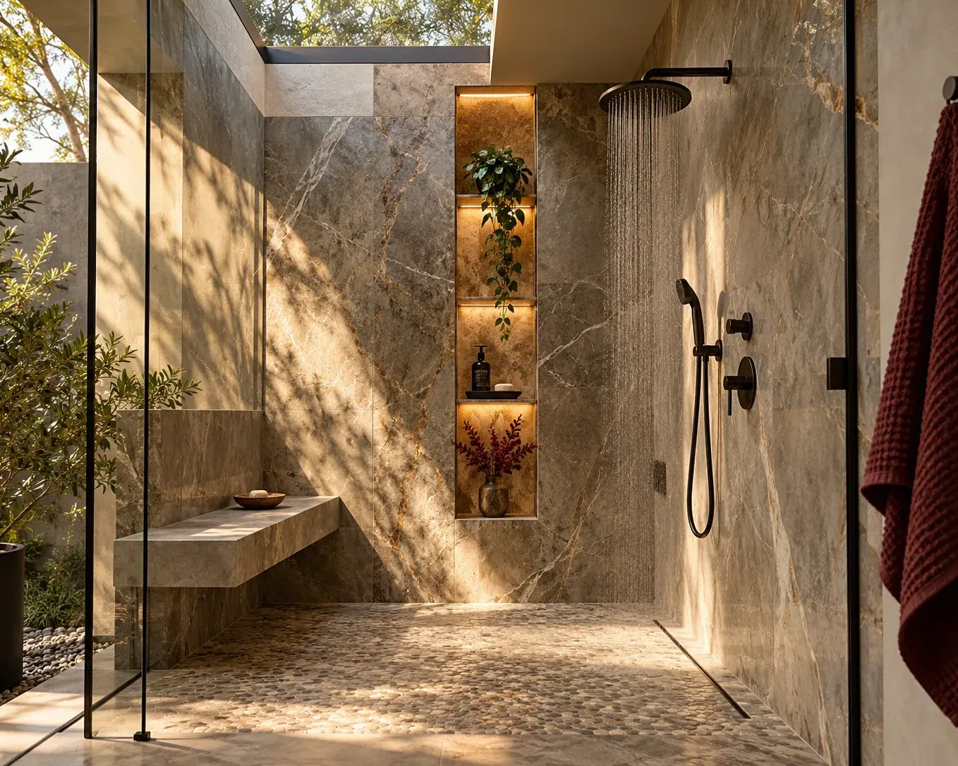 Walk-in shower in veined natural stone with a lit recessed niche, a built-in bench, a rain shower head and frameless glass