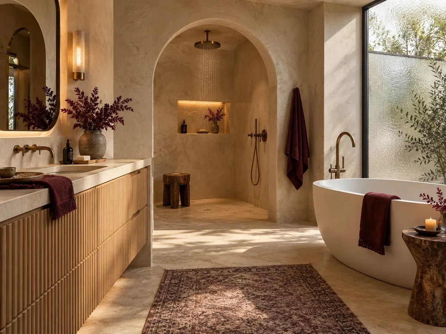 Remodeled bathroom with an arched walk-in shower, a fluted floating oak vanity, a freestanding tub and natural stone walls and floor