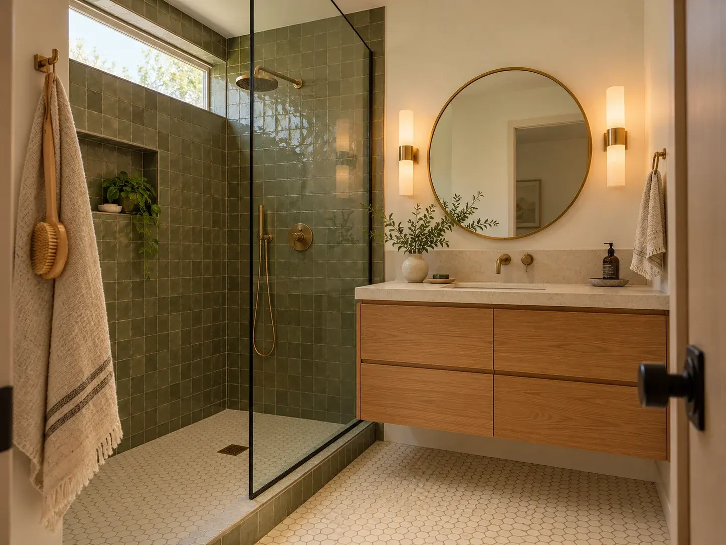 Bathroom with an olive-green handmade tile shower behind clear glass, a floating oak vanity with a stone top, a round brass-framed mirror, wall sconces and a hexagonal tile floor