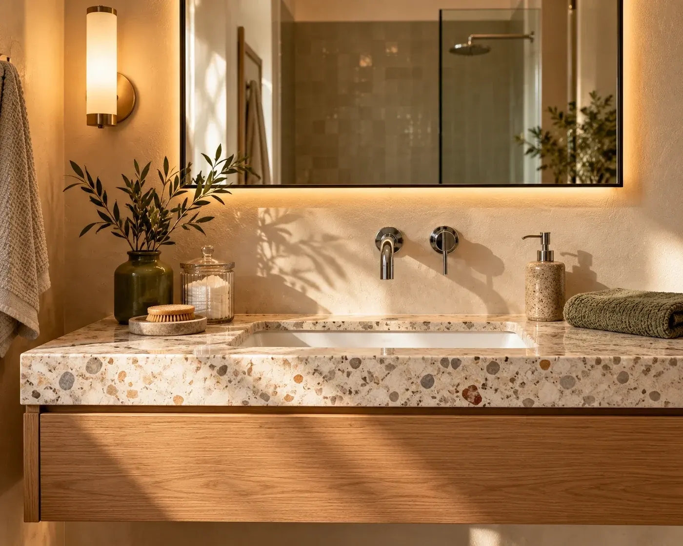 Floating oak vanity with a terrazzo top, an undermount sink, chrome wall-mounted faucet, a backlit mirror and a wall sconce