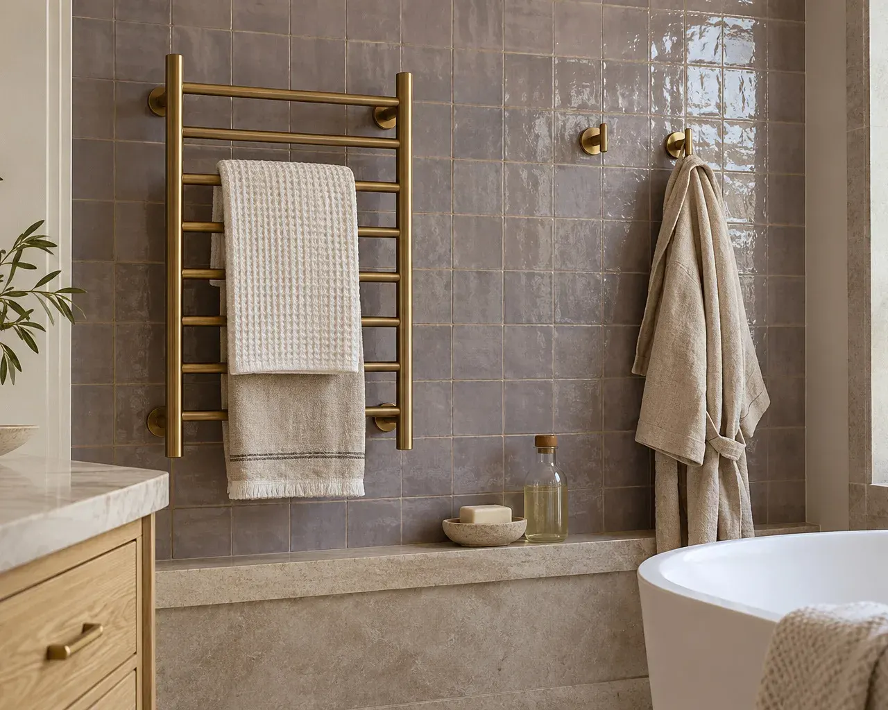 Bathroom wall detail with a brushed-brass ladder towel rail, brass robe hooks and gray-lavender glazed tile above a limestone ledge in Southern California