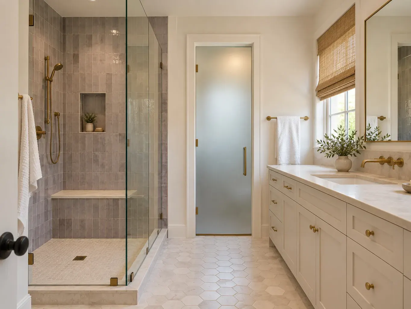 Bathroom with a corner glass shower and tiled bench in gray-lavender tile, a frosted-glass door and a long painted vanity beside a window in Southern California