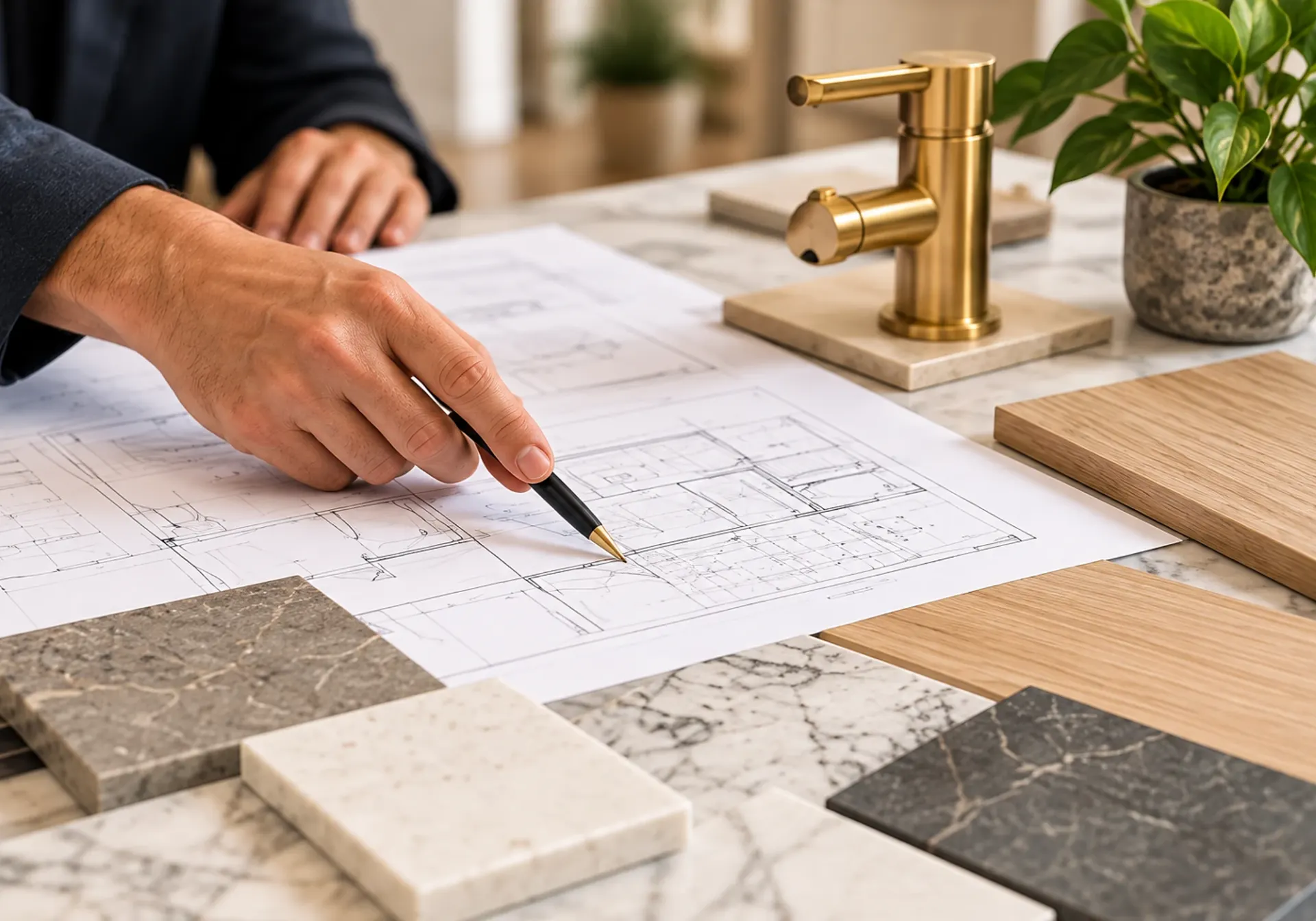 Bathroom remodeling consultation in Los Angeles, CA: designer reviewing floor plans with stone and wood material samples and a brass faucet