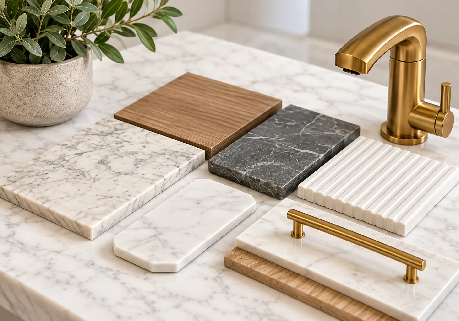 Bathroom design selections: marble, stone, wood and fluted tile samples with a brass faucet and cabinet pull