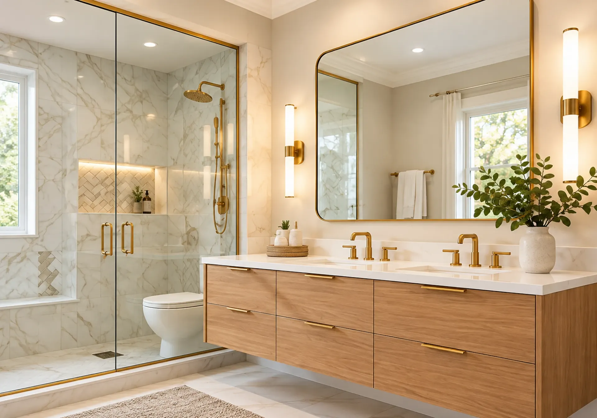 Finished bathroom in Los Angeles, CA: floating oak vanity, brass fixtures and a marble glass-enclosed shower