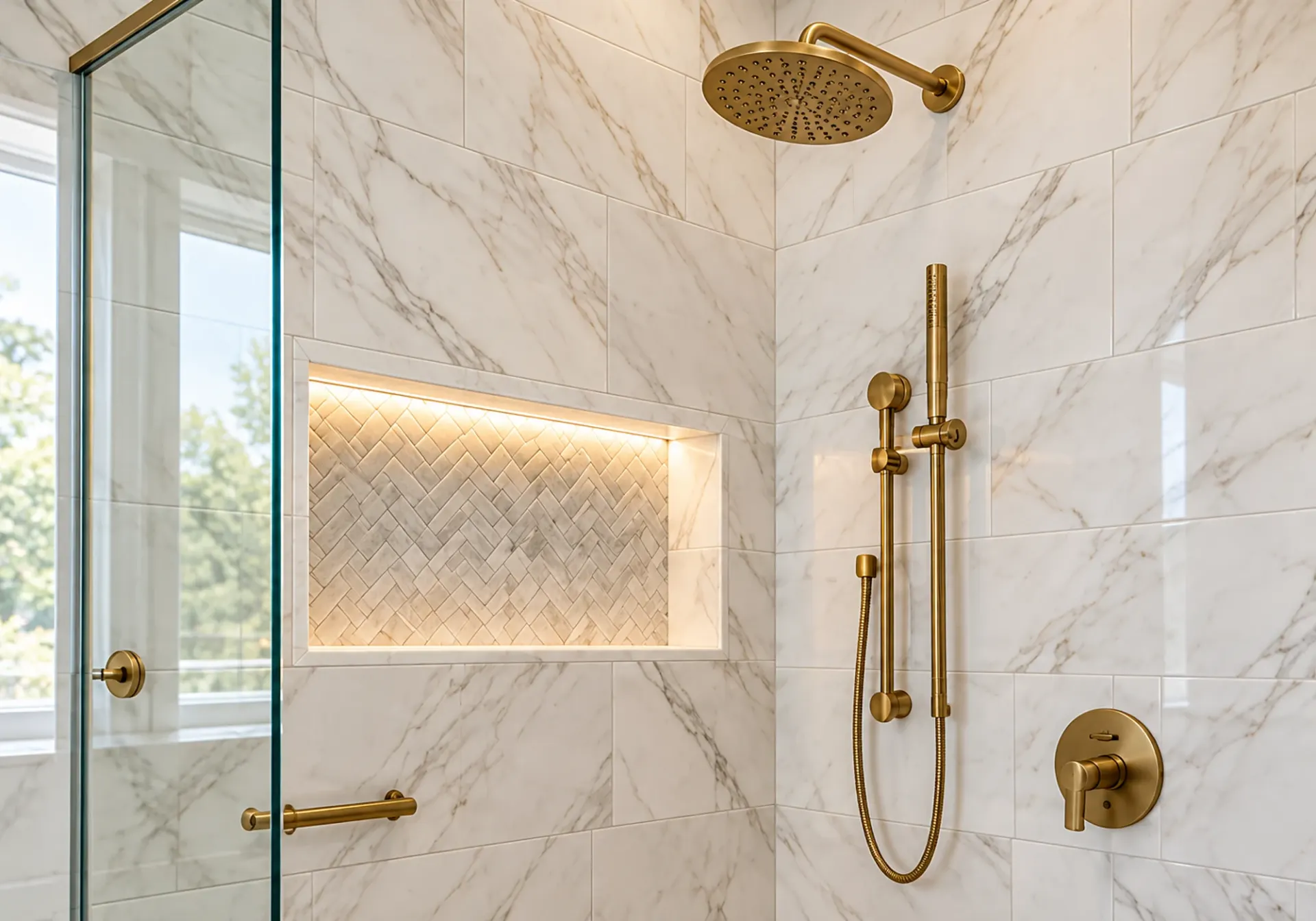 Bathroom remodel in Los Angeles, CA: marble tile shower with a lit herringbone niche and brass fixtures