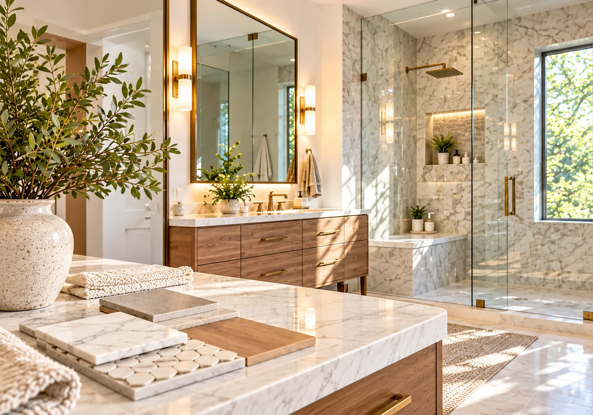 Bathroom remodeling in Los Angeles, CA: marble walk-in shower with brass fixtures, walnut vanity and tile and countertop material samples on a marble counter