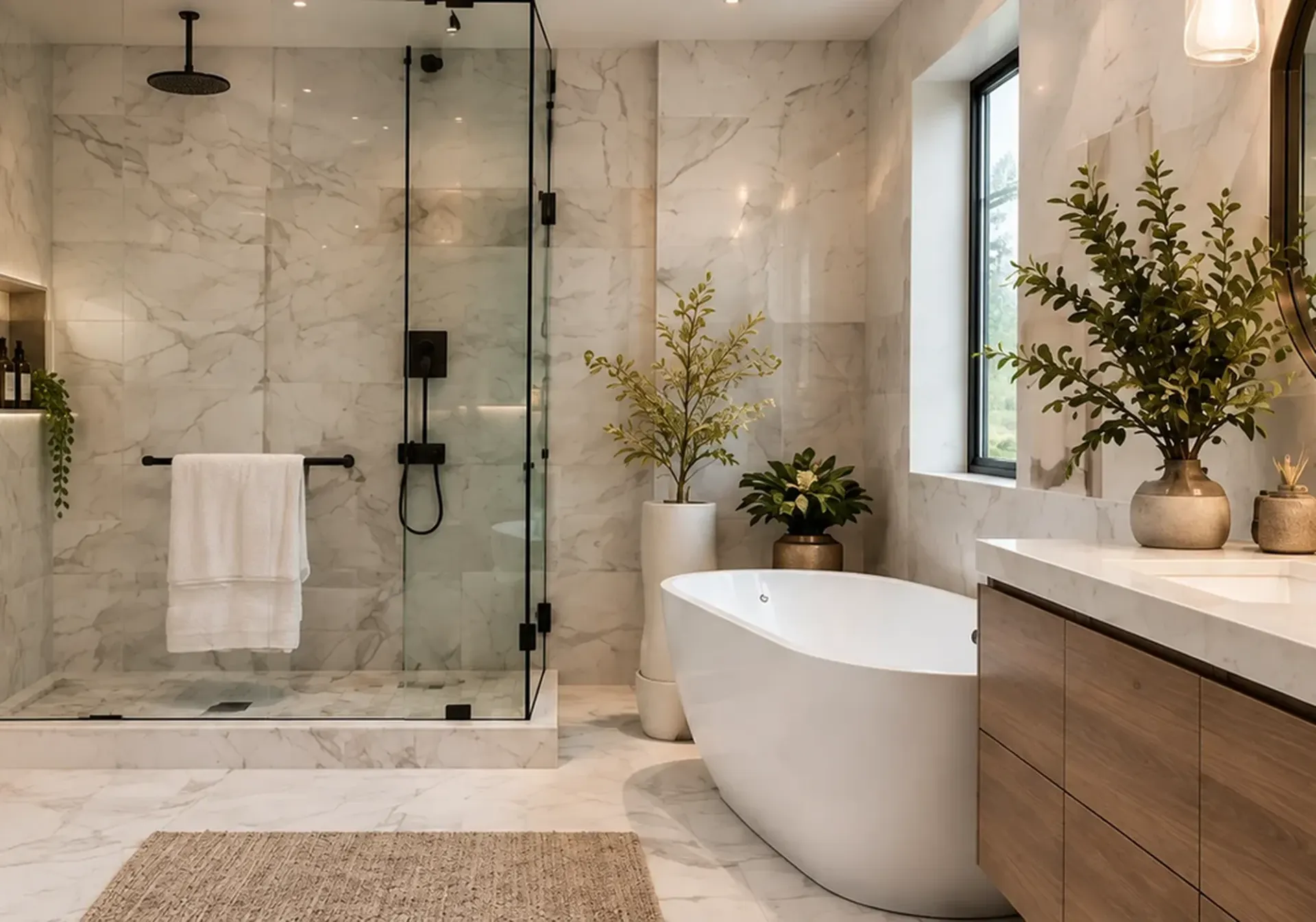 Bathroom remodeling in Los Angeles, CA: marble walk-in glass shower, freestanding tub and walnut vanity