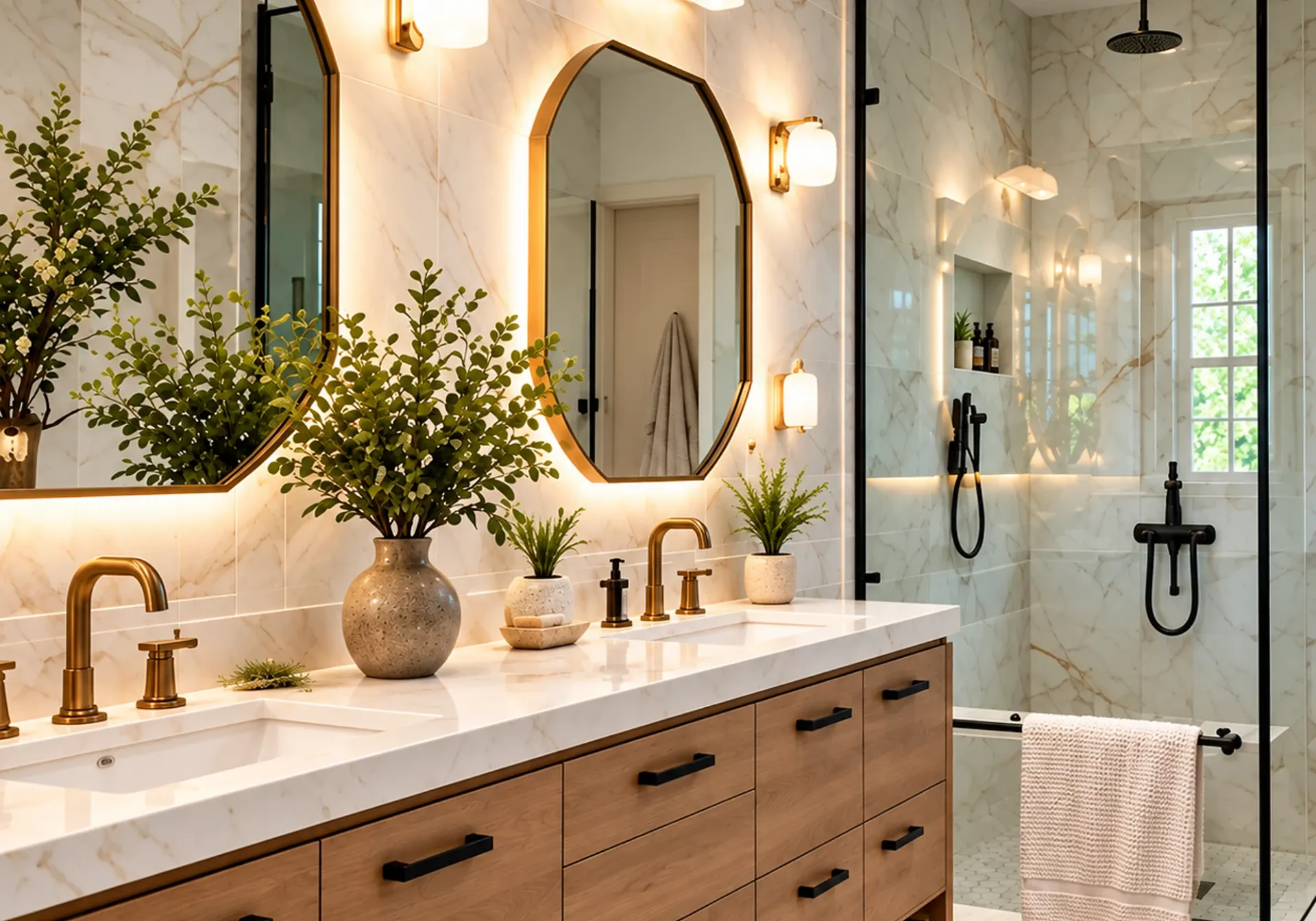 Bathroom remodeling in Los Angeles, CA: double vanity with brass faucets and backlit mirrors next to a marble walk-in glass shower