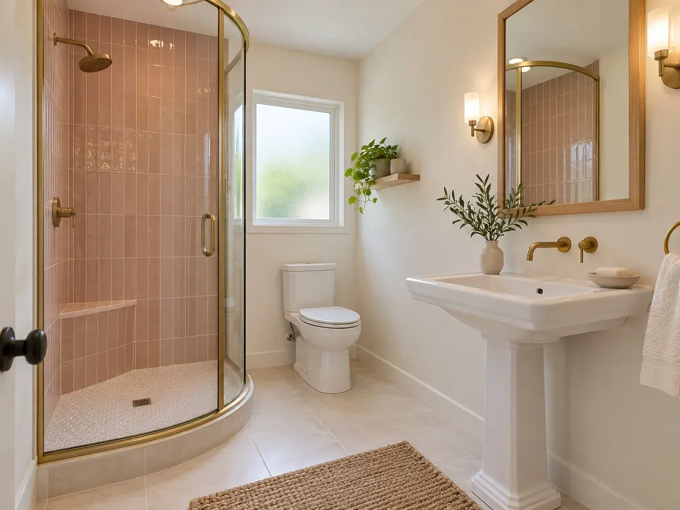 Remodeled bathroom with a corner shower, soft blush wall tile and a white pedestal sink with a brass faucet in Southern California