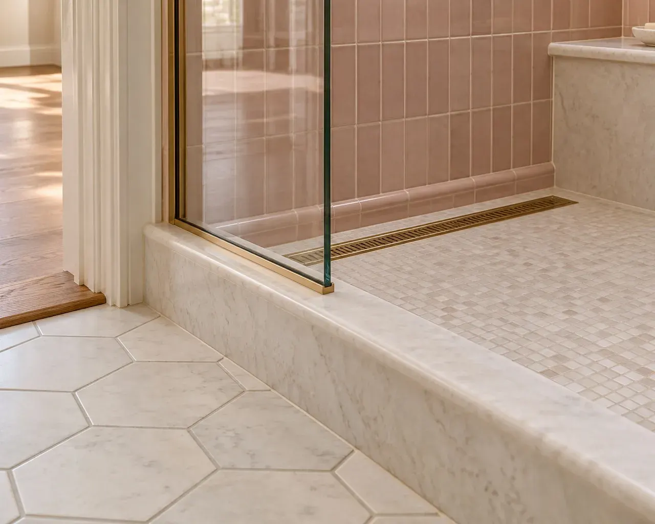 Shower base detail with a low stone-look curb, a thin brass glass channel and soft blush wall tile in a Southern California bathroom