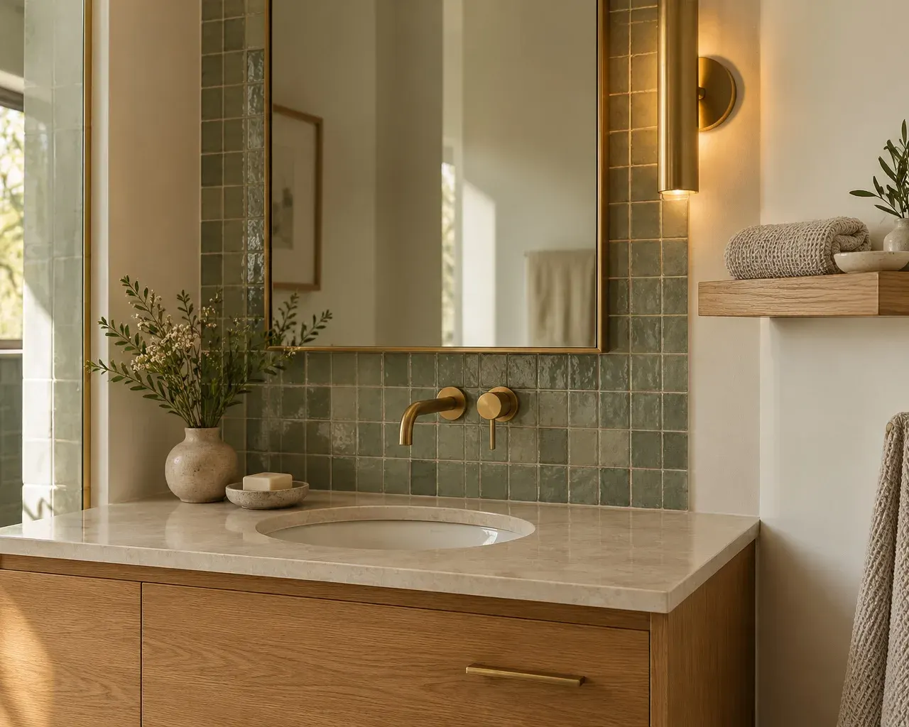 Bathroom vanity with a limestone-look top, brass wall faucet, sage-green tile backsplash and a cylindrical wall sconce in Southern California