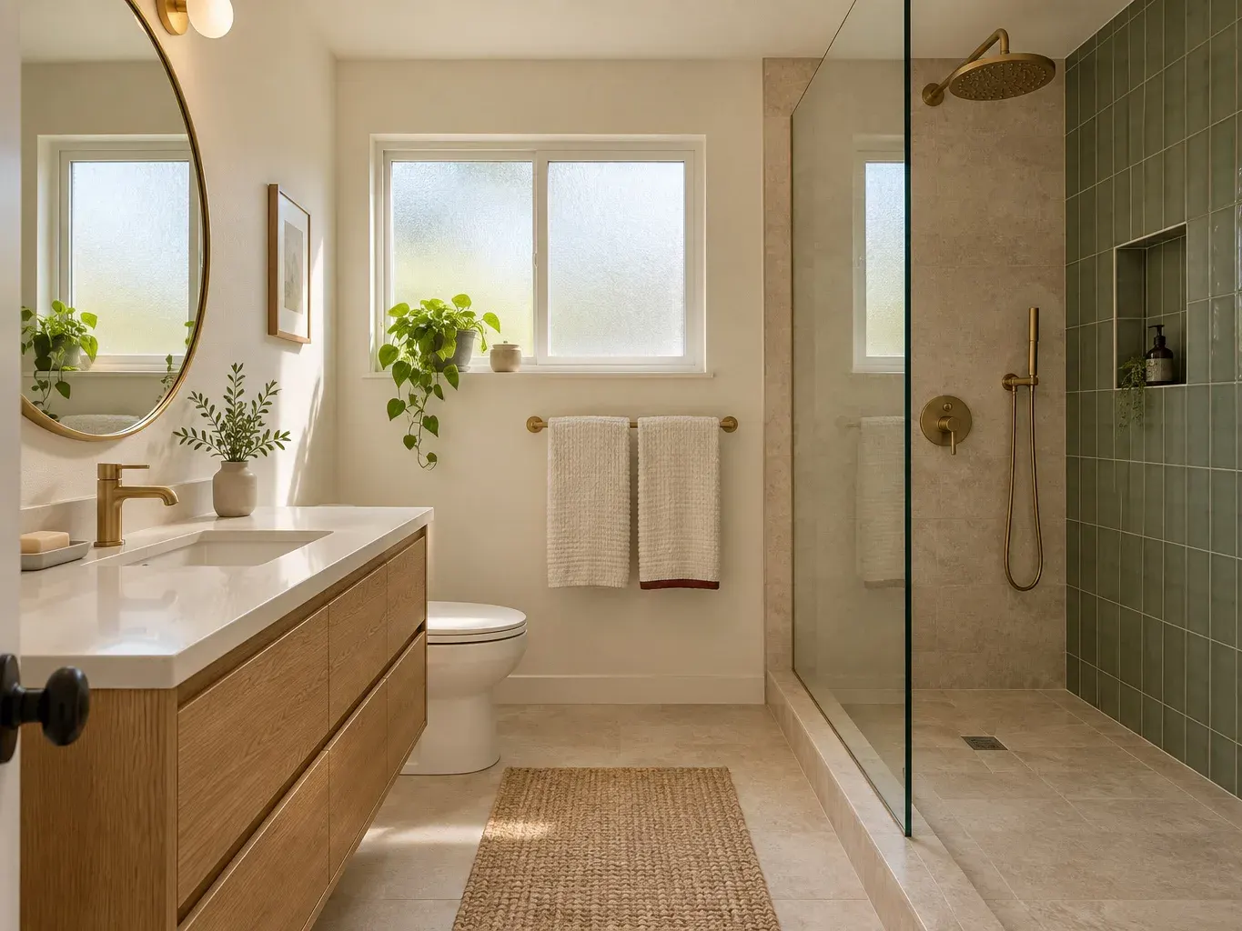 Remodeled bathroom with a glass walk-in shower, sage-green wall tile and a floating oak vanity in a Southern California home