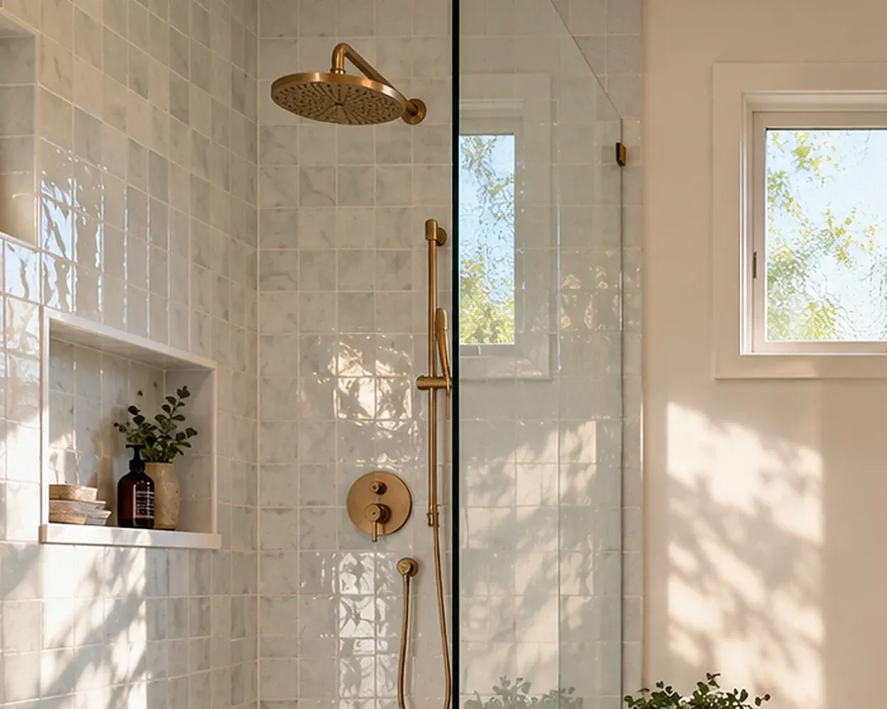 Shower corner with glossy handmade-look tile, a brass rain shower head and handheld shower, a recessed niche and a window