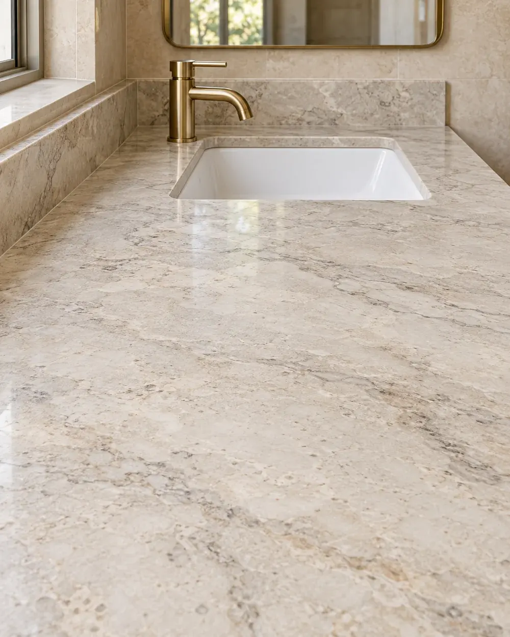 Bathroom vanity countertop installation in Los Angeles, CA: stone vanity top with undermount sink