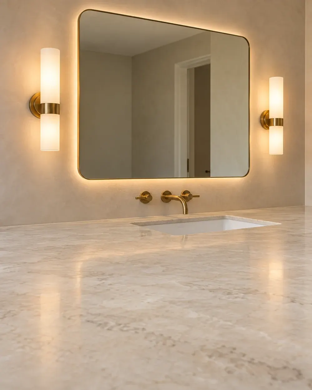 Bathroom vanity lighting installation in Los Angeles, CA: wall sconces and a backlit mirror