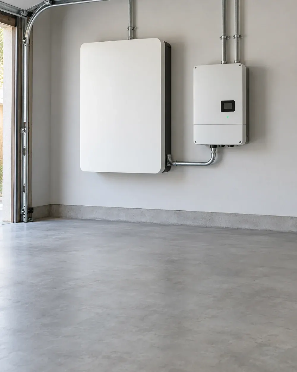 Battery-ready solar system in Los Angeles, CA: home battery and hybrid inverter on a garage wall