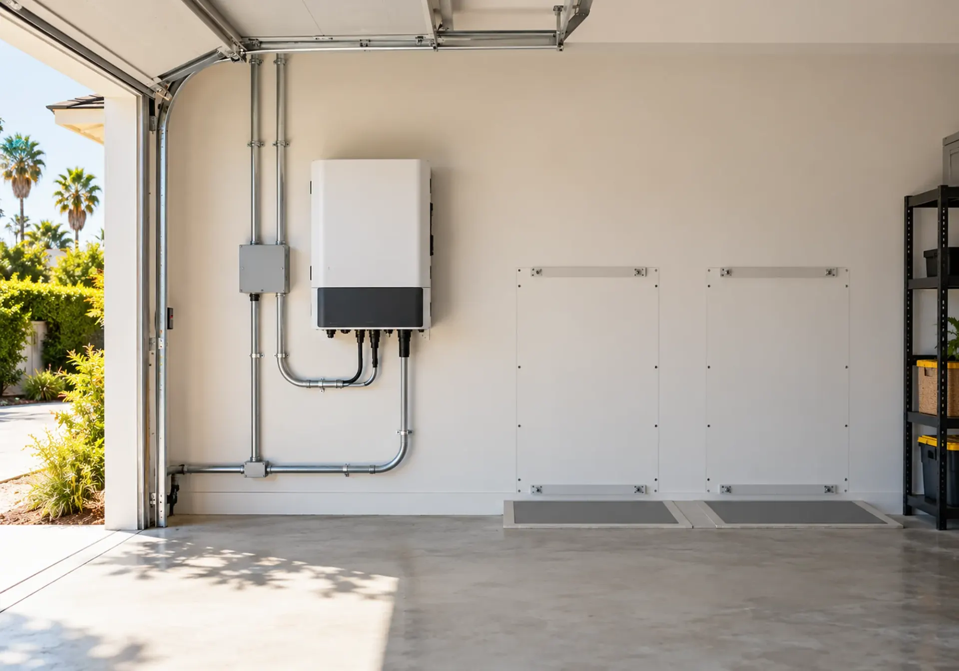 Battery-ready solar system in Los Angeles, CA: garage wall with a solar inverter, neat conduit and reserved space for a future battery