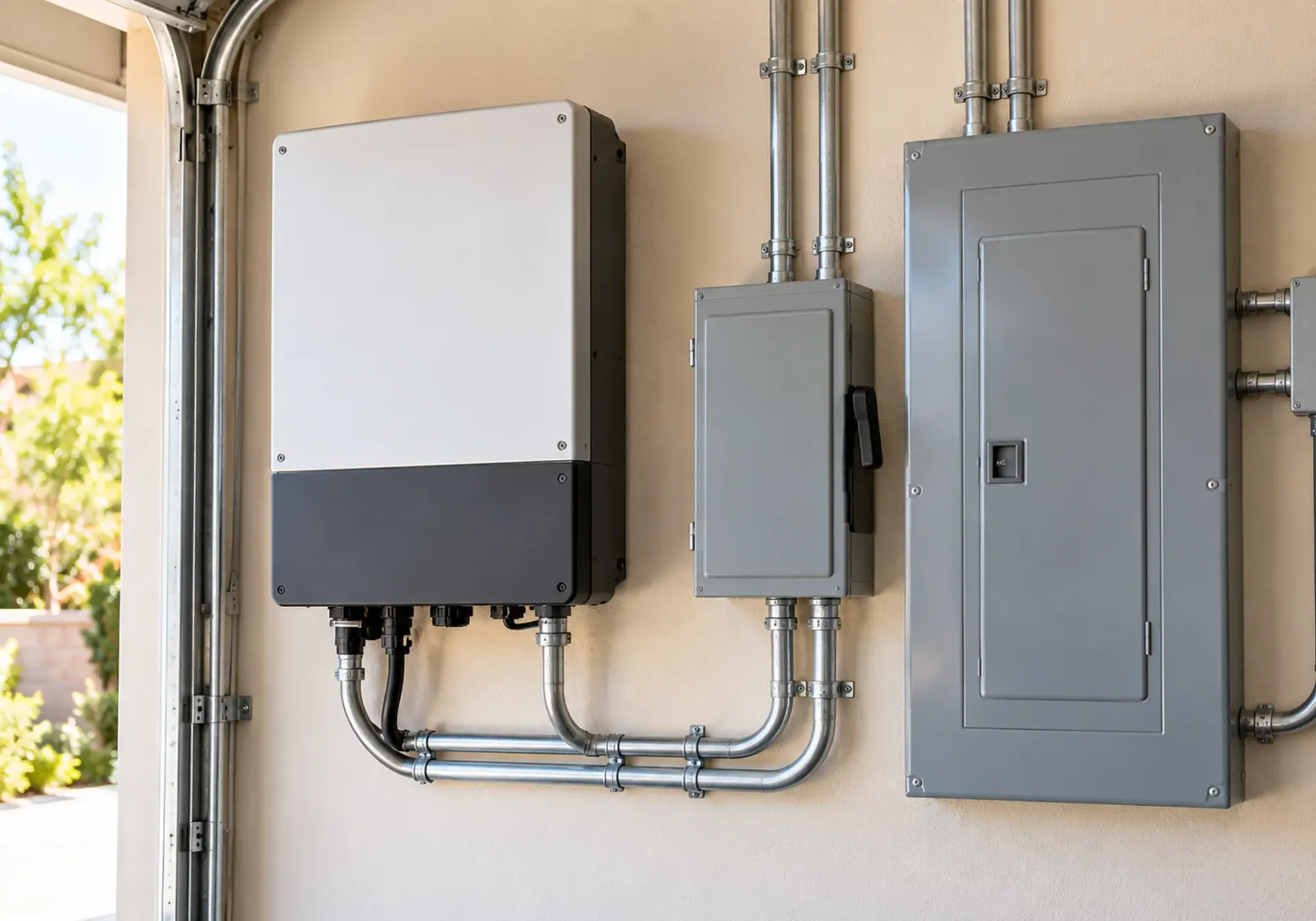 Solar inverter and conduit routing beside a clean electrical panel area, ready for battery storage