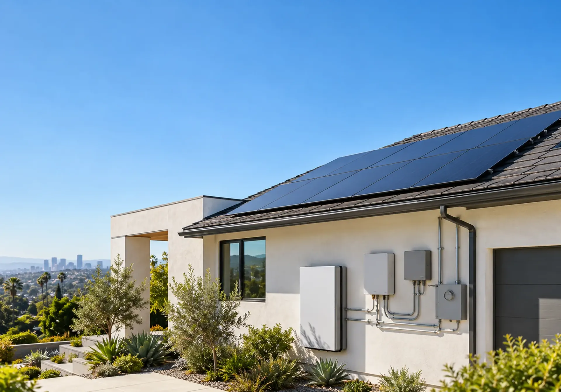 Battery-ready solar in Los Angeles, CA: modern home with rooftop solar panels and organized electrical equipment on the exterior wall