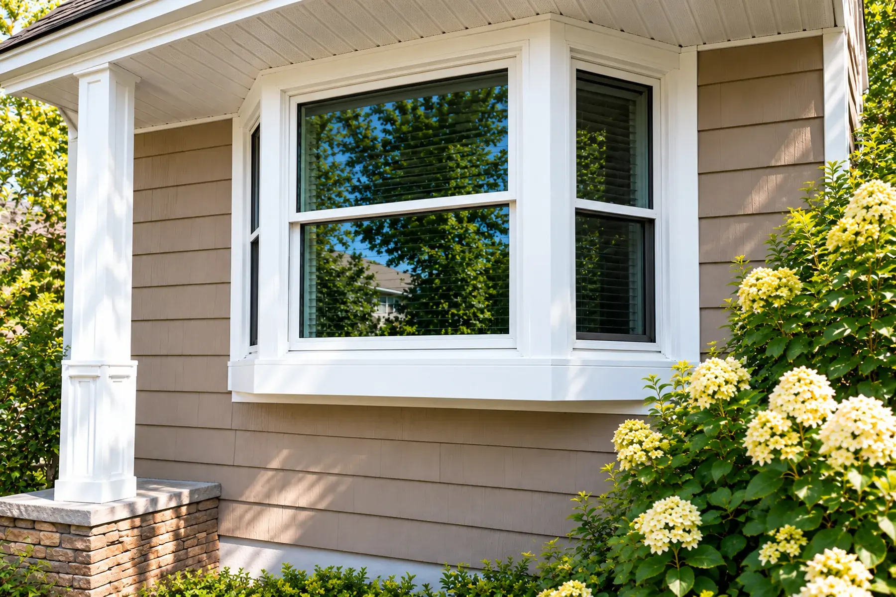 Side angle of a new energy-efficient white bay window with clean exterior trim and hydrangeas in Encino, CA.