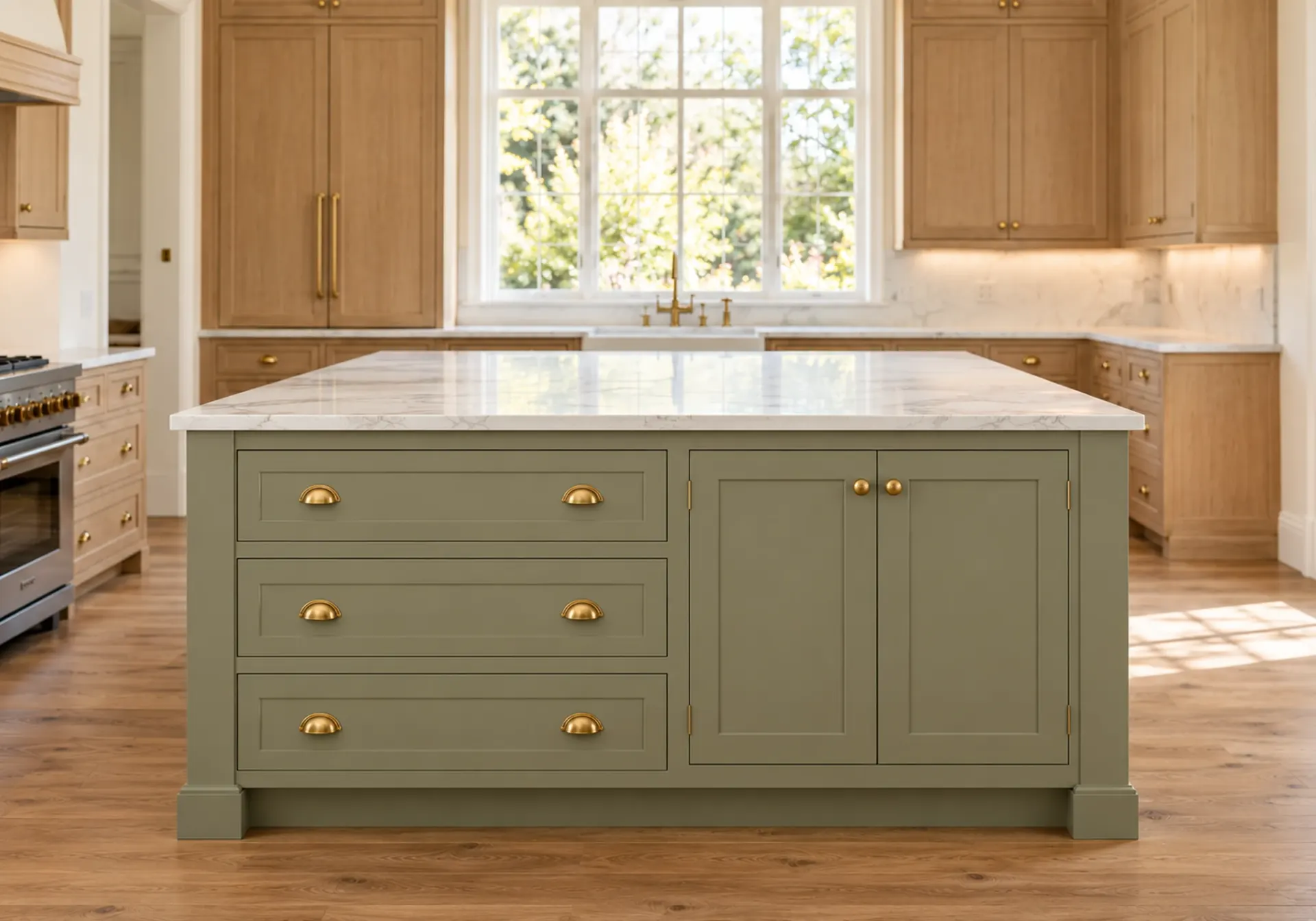 Kitchen island in sage green with aligned drawers and doors, brass cup pulls and oak cabinetry behind, in a Los Angeles, CA home