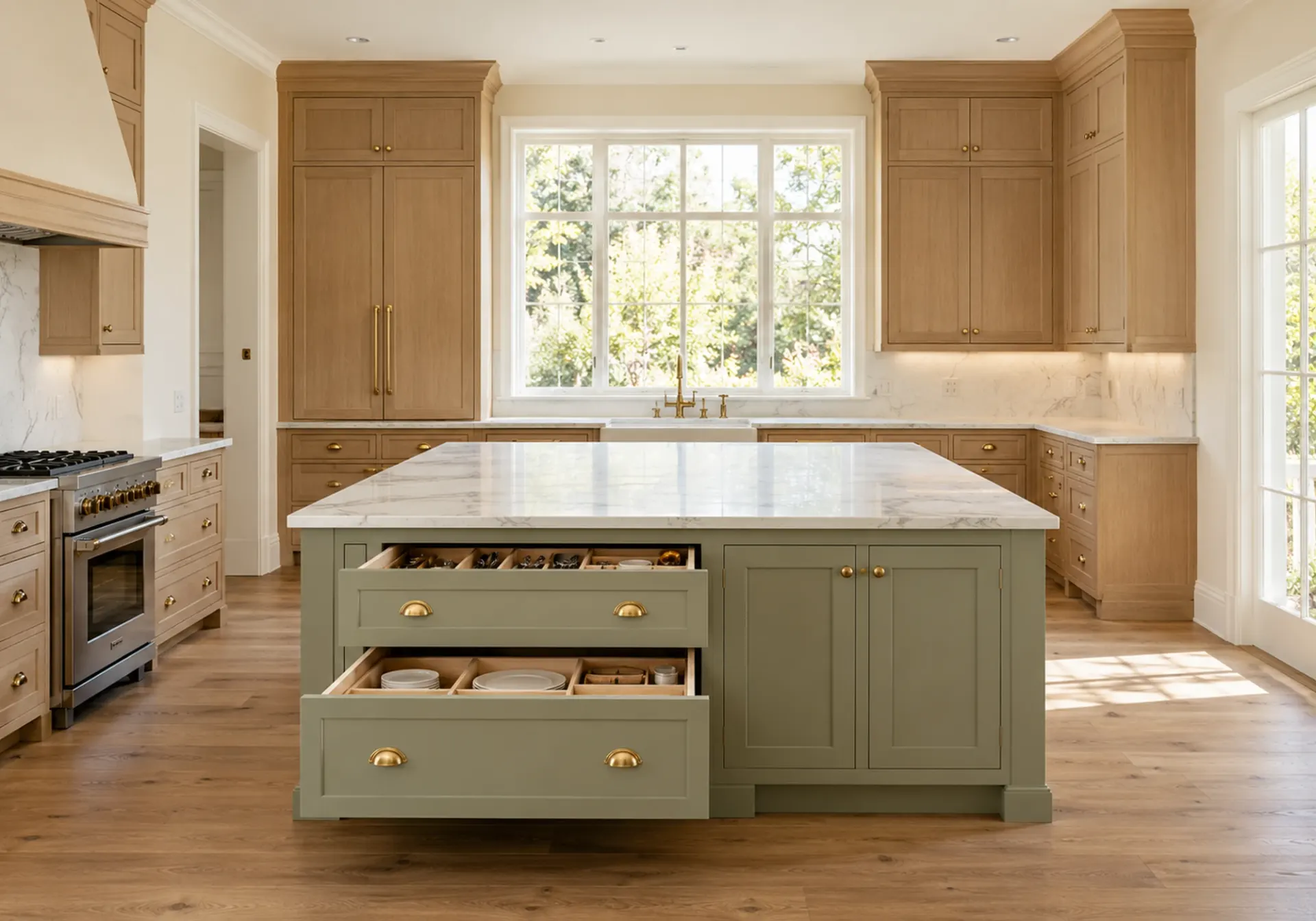 Kitchen cabinets in a Los Angeles, CA kitchen: natural oak cabinetry with brass pulls and a sage green island with open organized drawers
