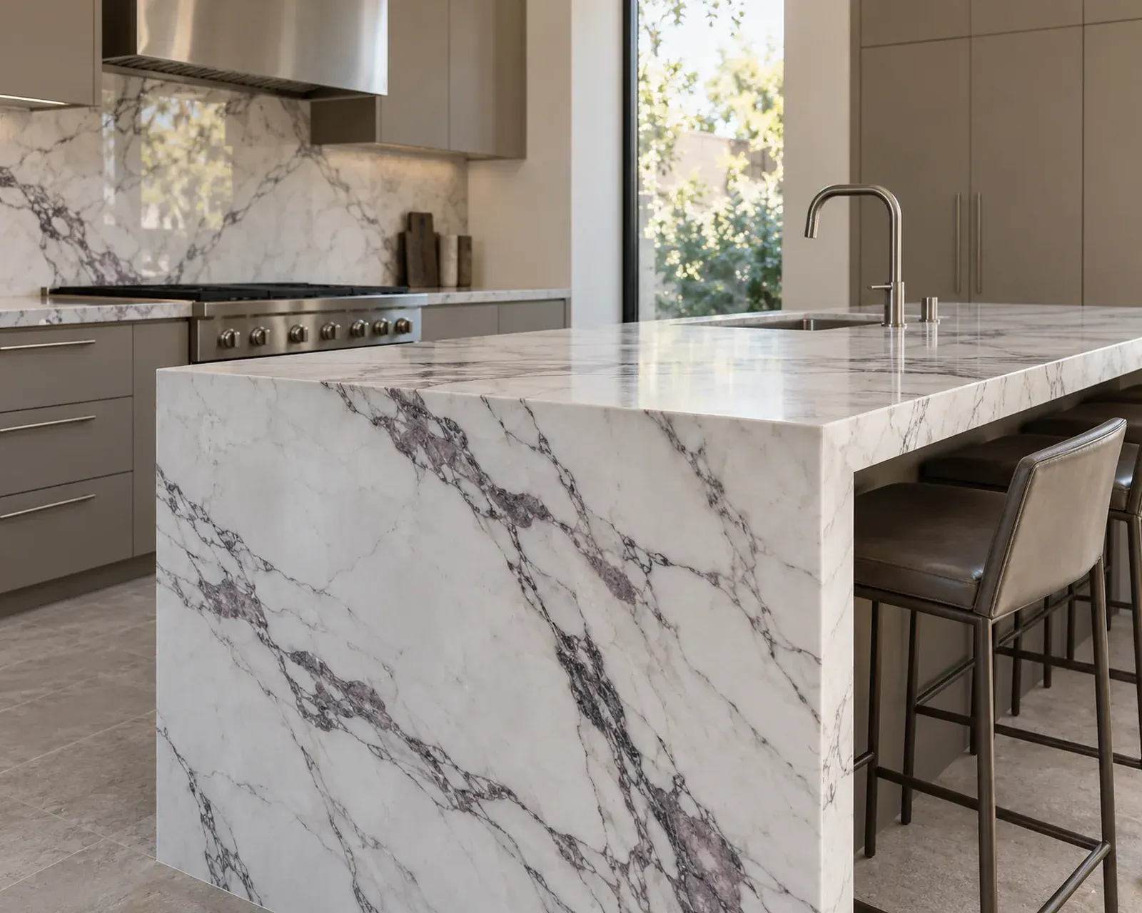 Marble waterfall kitchen island with dramatic veining, leather barstools and a professional range in a modern Los Angeles kitchen