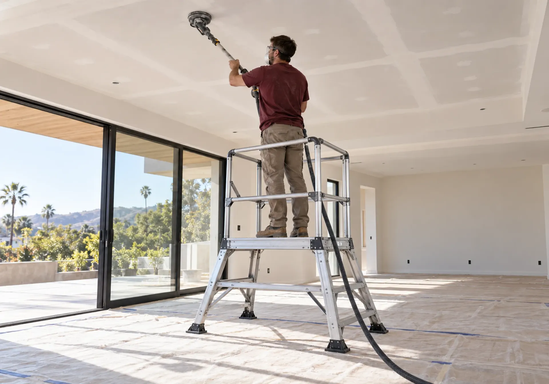 Ceiling repair in Los Angeles, CA: contractor sanding a drywall ceiling from a platform ladder in a bright room with protected floors