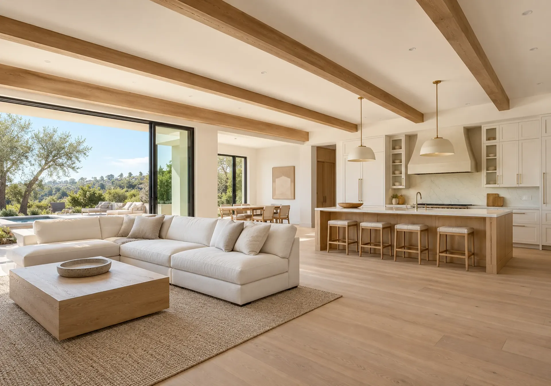 Ceiling remodeling in Los Angeles, CA: white ceiling with solid oak beams over a bright open kitchen and living area