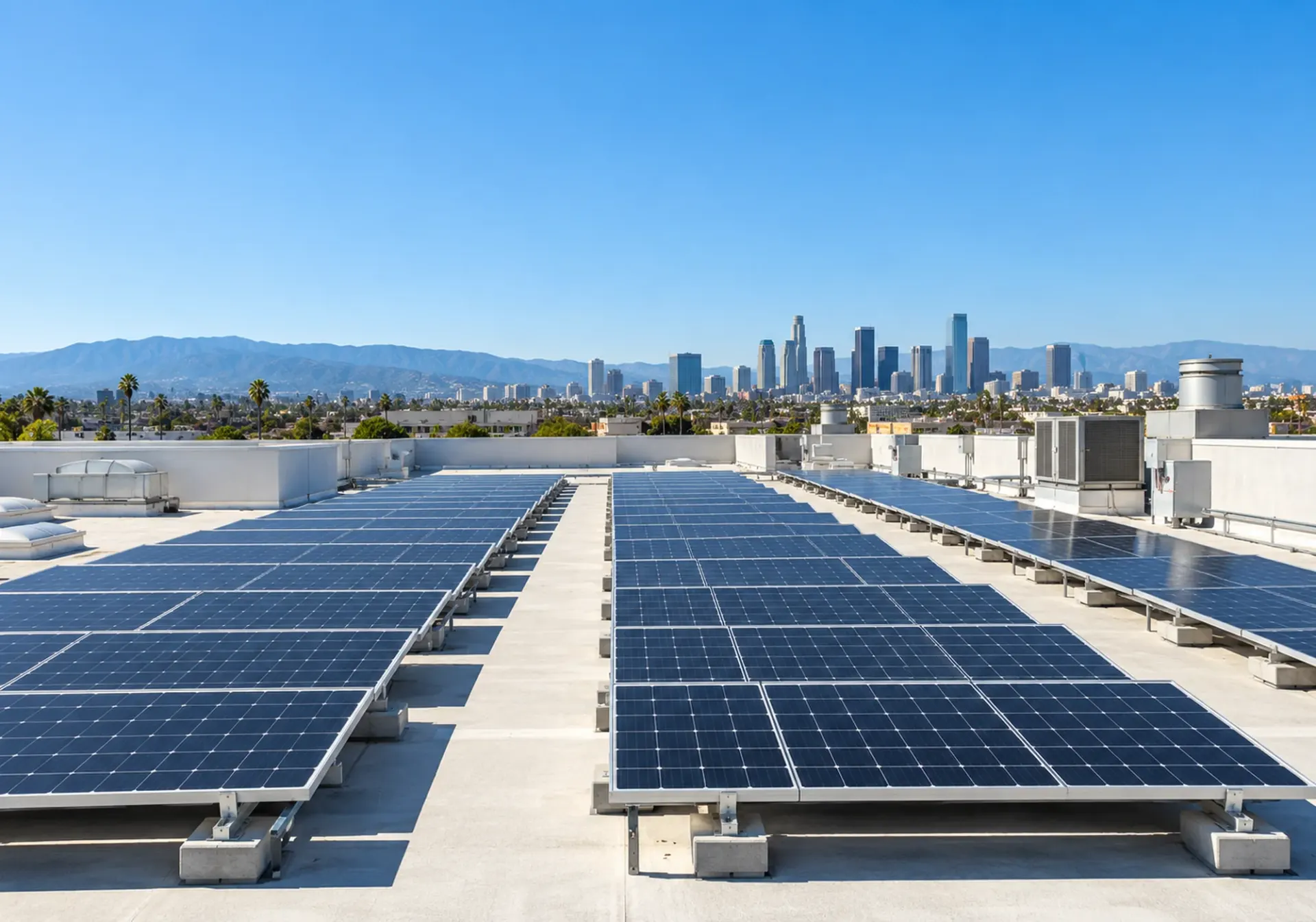 Commercial rooftop solar array with clear access paths between the rows