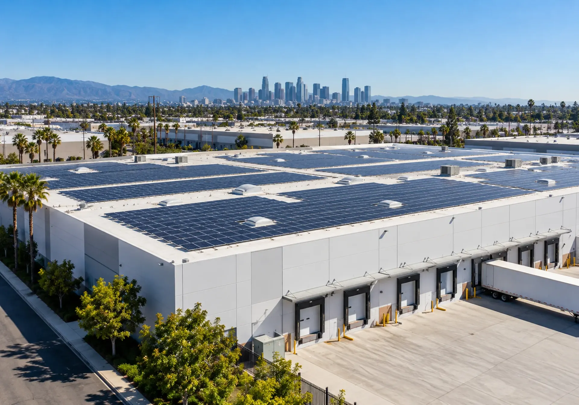 Commercial and industrial solar in Los Angeles, CA: warehouse roof covered with solar panels, loading dock and palm trees