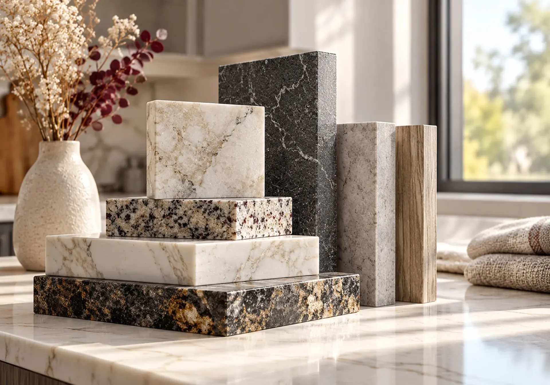 Countertop fabrication in Los Angeles, CA: stacked granite, marble and quartz countertop samples next to a vase with dried flowers on a stone counter