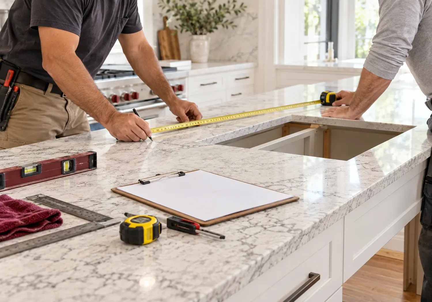 Countertop installation in Los Angeles, CA: installers measuring and marking a granite-look stone countertop with a sink cutout in a white kitchen