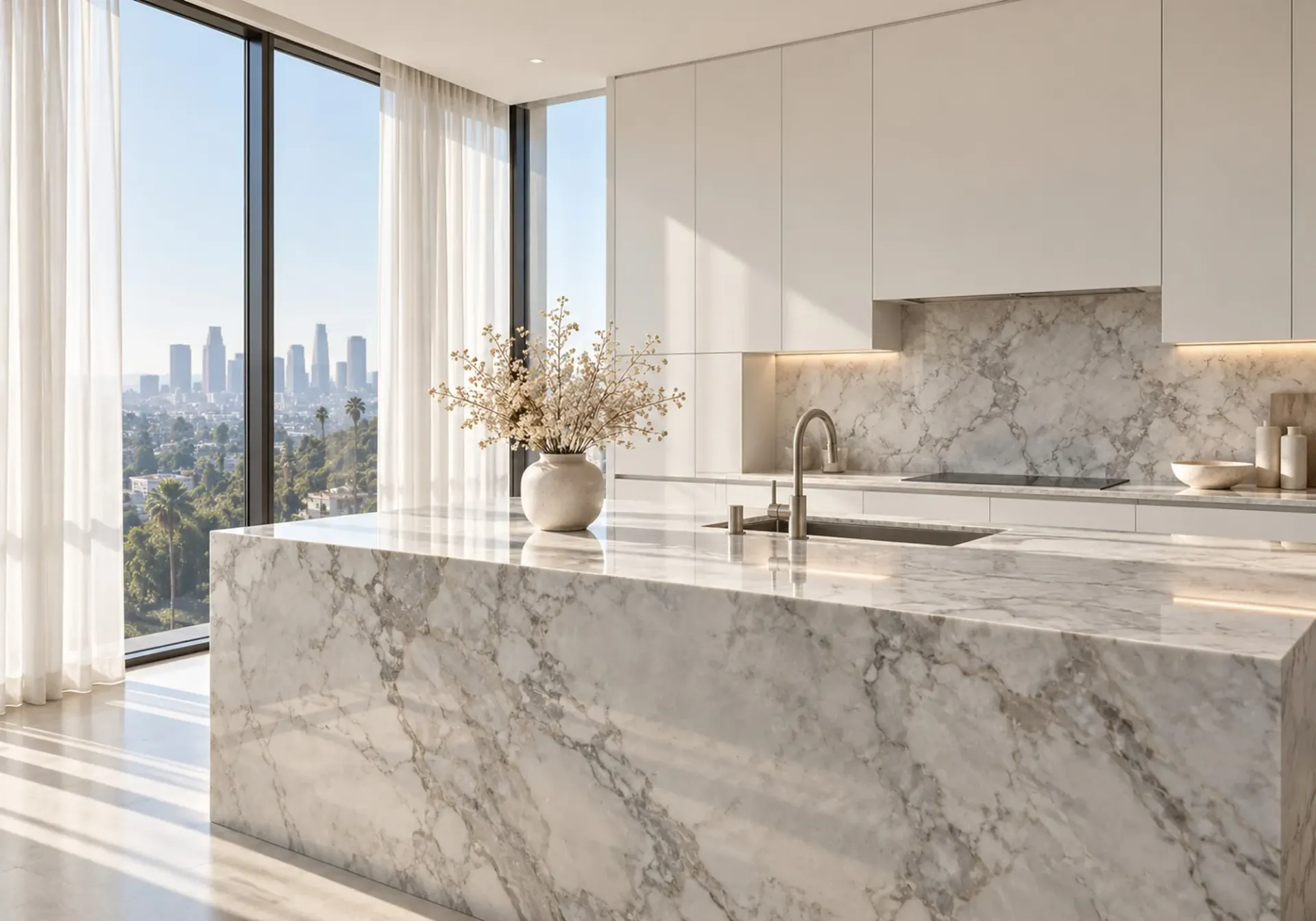Countertop installation in Los Angeles, CA: marble waterfall island with undermount sink and matching backsplash in a minimalist kitchen with a downtown skyline view