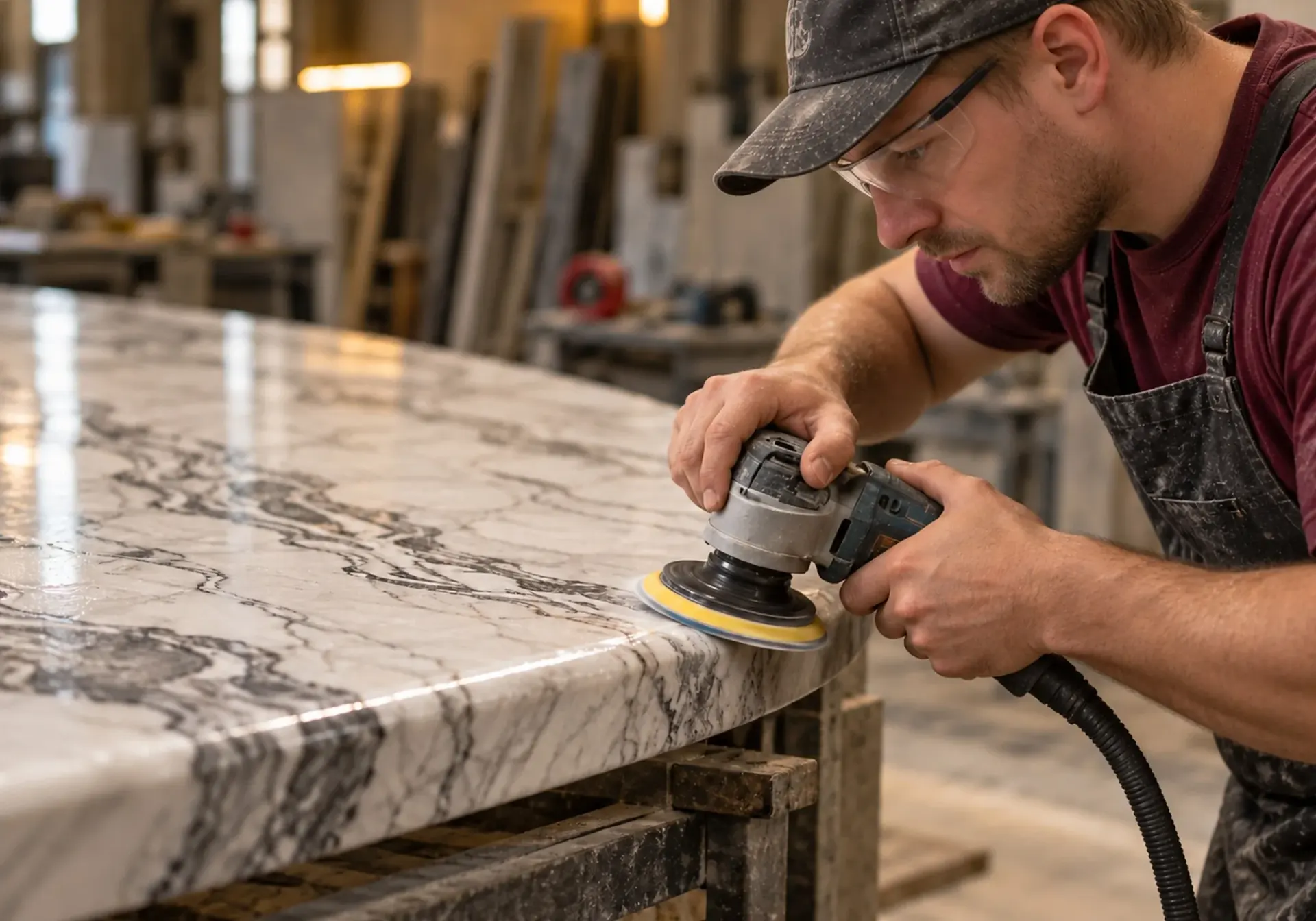 Countertop installation in Los Angeles, CA: stone craftsman in safety glasses polishing the edge of a veined marble countertop with a hand polisher in a workshop