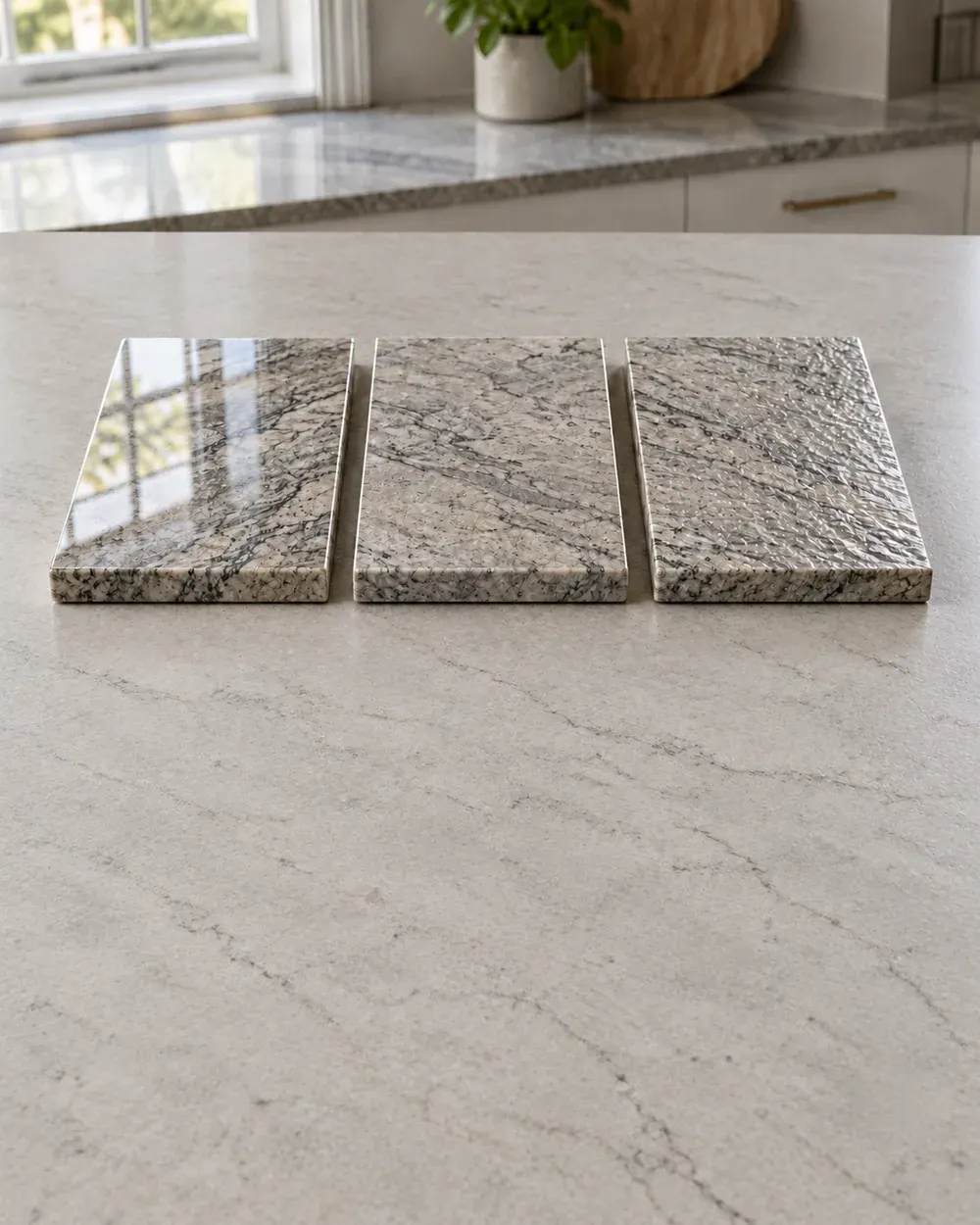 Countertop surface finishes in Los Angeles, CA: polished, honed and leathered stone samples