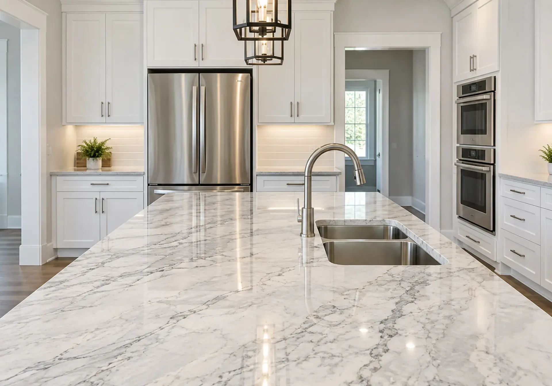 Stone countertops in Los Angeles, CA: veined marble-look island with an undermount stainless sink and brushed nickel faucet in a white kitchen