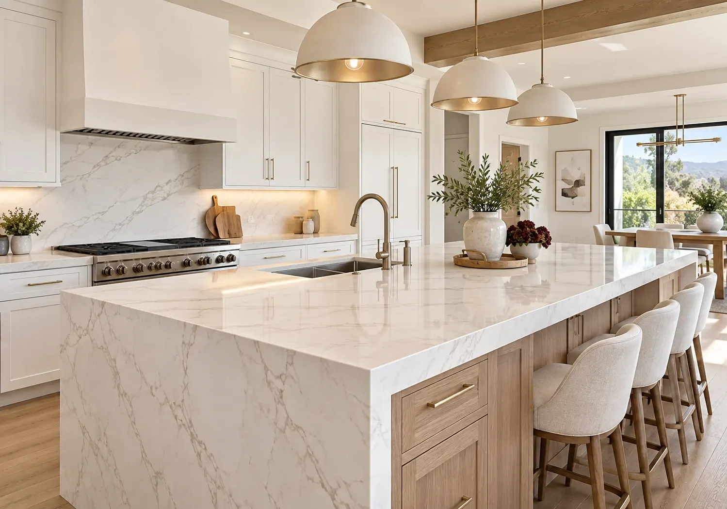 Countertops in Los Angeles, CA: white marble-look quartz waterfall island with white cabinetry and pendant lighting