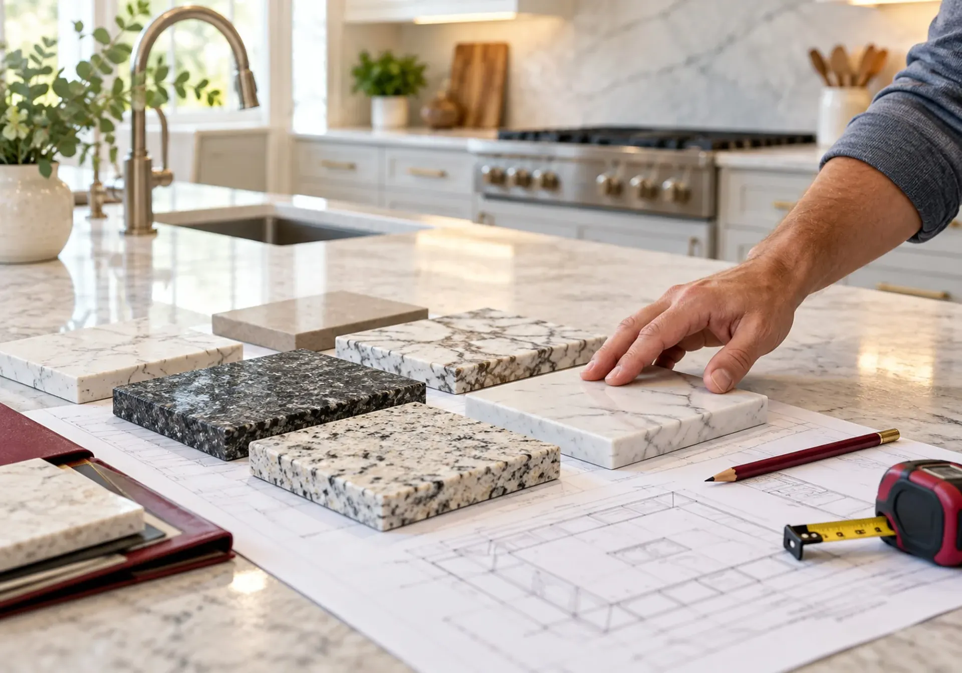 Countertop installation in Los Angeles, CA: granite, marble and quartz countertop samples laid out on kitchen blueprints with a pencil and tape measure