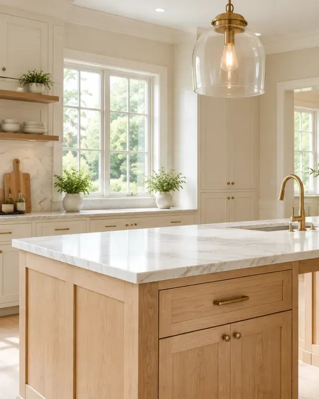 Custom kitchen remodel with oak island cabinetry and marble countertop in Los Angeles