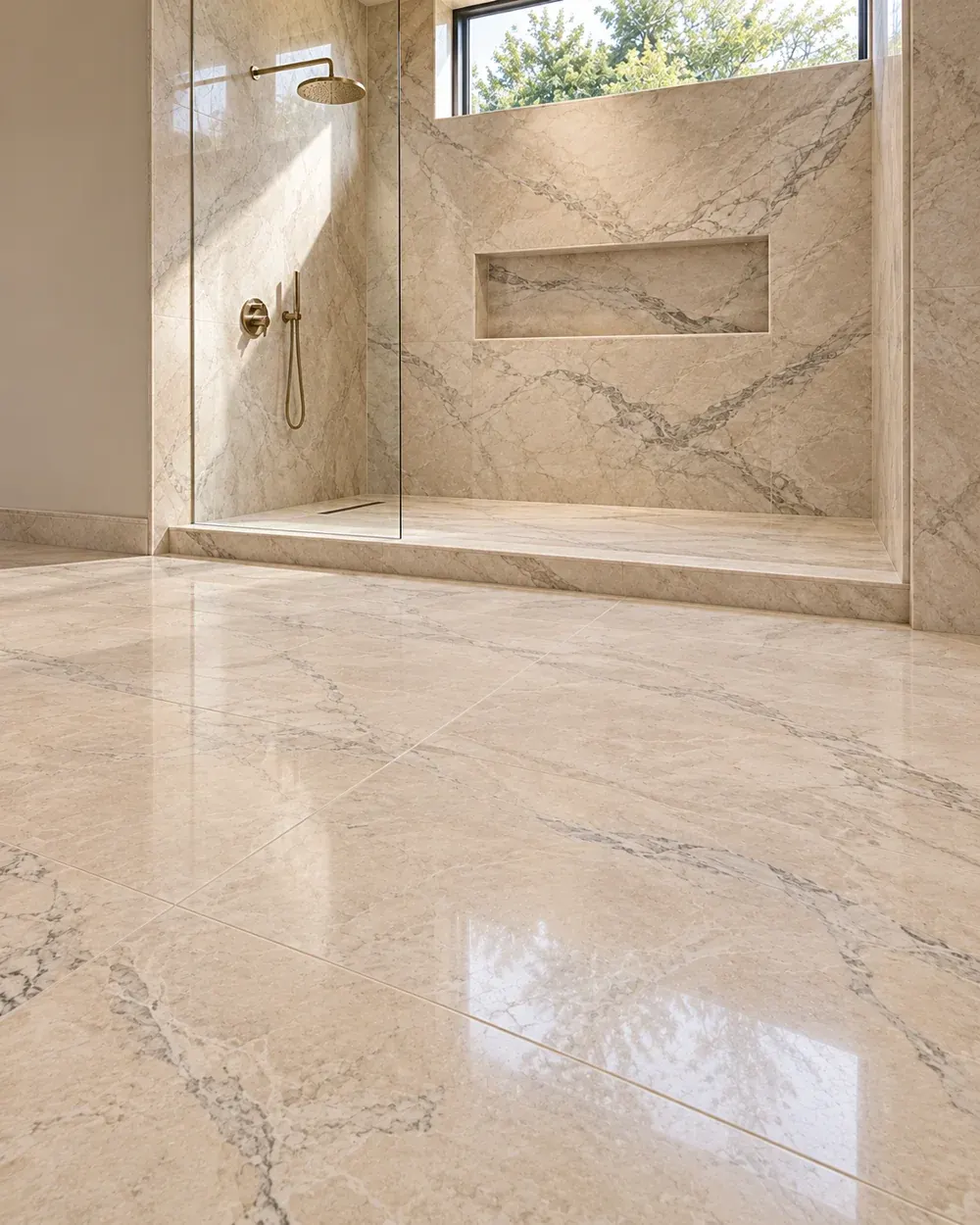 Custom stonework in Los Angeles, CA: stone shower walls and niche in a bathroom