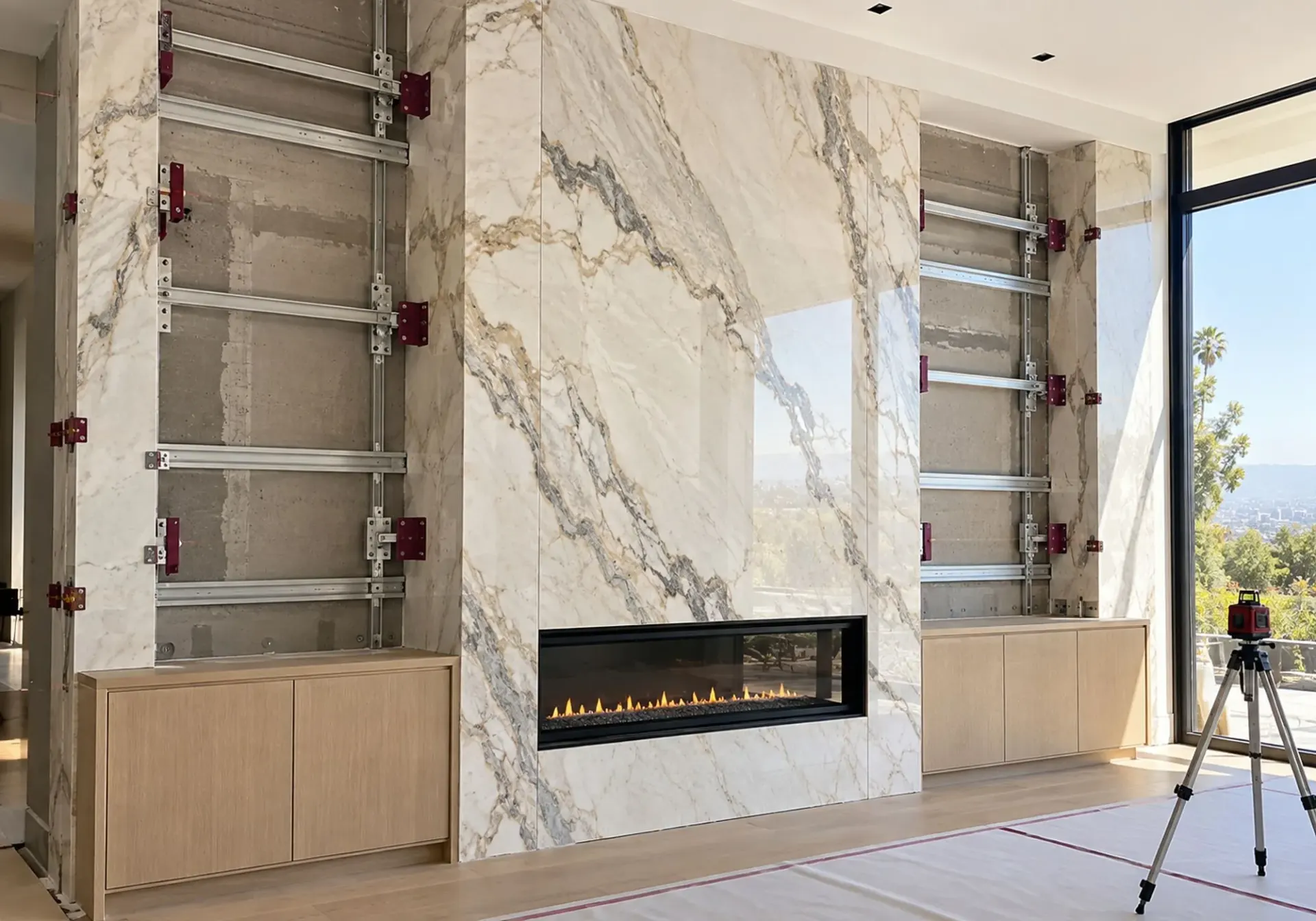 Custom stonework in Los Angeles, CA: marble slab fireplace wall during installation with metal support rails, a laser level on a tripod and oak cabinetry